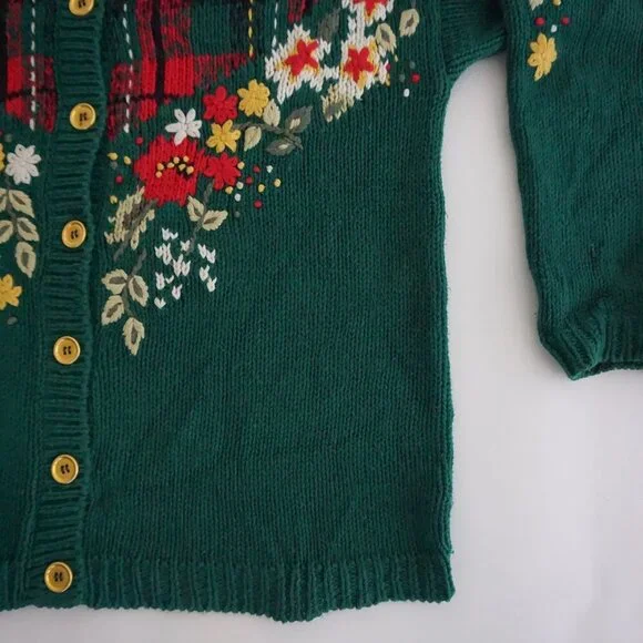 Vintage Pendleton Green Plaid Floral Knit Cotton Preppy Cardigan Grandmacore M - Picture 5 of 10